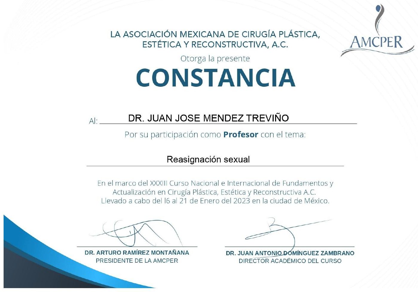 Constancia: Profesor · XXXIII Curso AMCPER