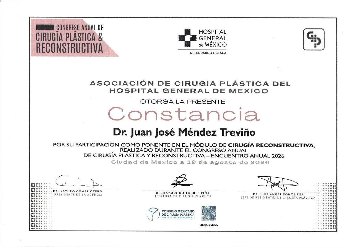 Constancia: Ponente · Módulo de cirugía reconstructiva
